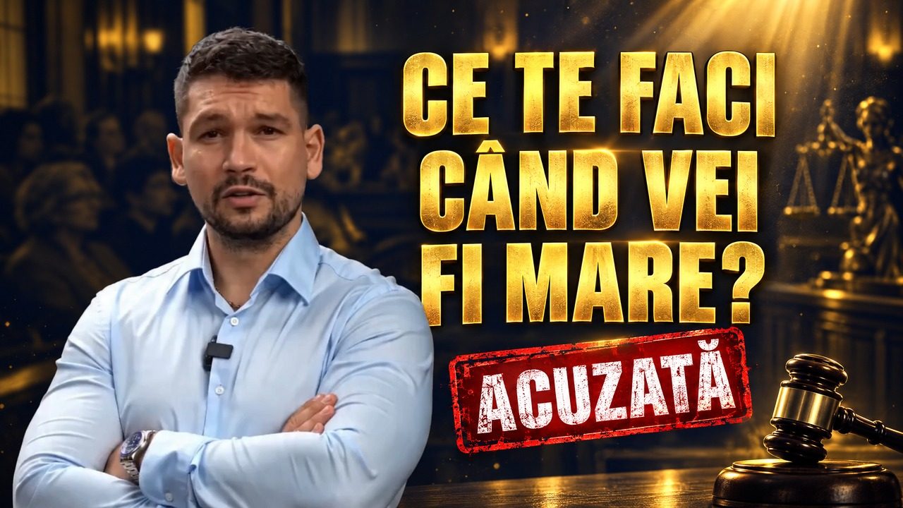 Alin Radu, cu brațele încrucișate, într-o sală de judecată. Text: „Ce te faci când vei fi mare?” — Acuzată
